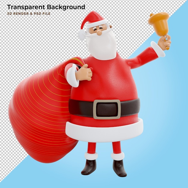 El personaje de santa claus está feliz de llevar una bolsa de regalo roja. ilustración 3d