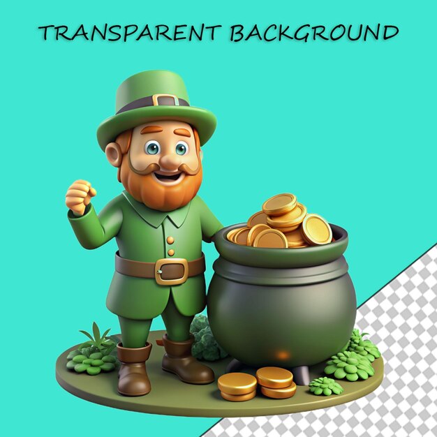 El personaje de st. patrick en 3d celebrando con monedas