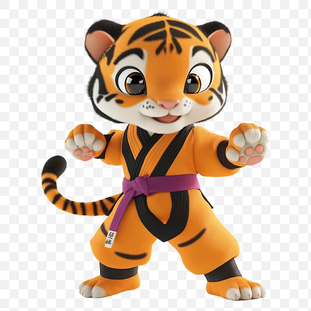 Personaje de tigre estilo dibujos animados en 3D en postura uniforme, amigable y confiada