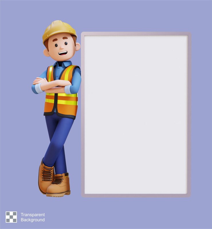 PSD personaje de trabajador de la construcción en 3d acostado en una cartelera en blanco en postura de brazos cruzados