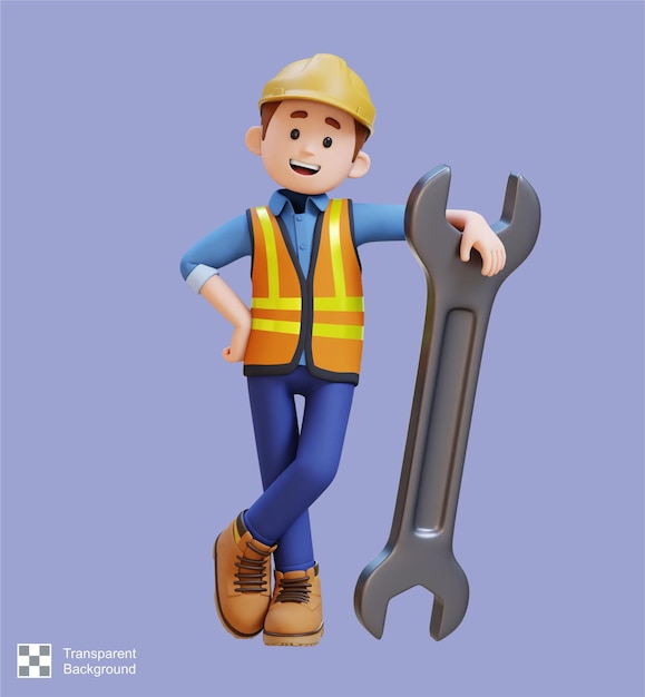 PSD personaje de trabajador de la construcción en 3d acostado en una llave inglesa grande