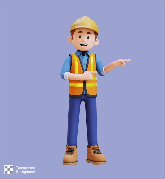 Personaje de trabajador de la construcción en 3D apuntando a la postura izquierda