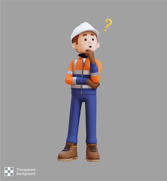 Personaje de trabajador de la construcción en 3D confundido y pensando