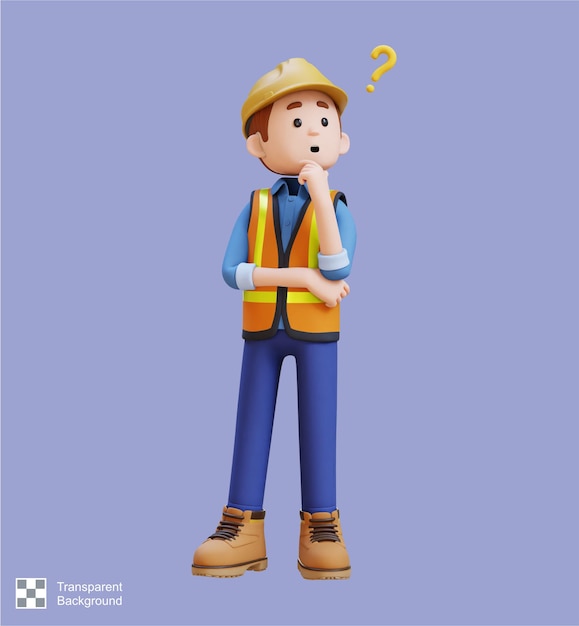 Personaje de trabajador de la construcción en 3D confundido y pensando