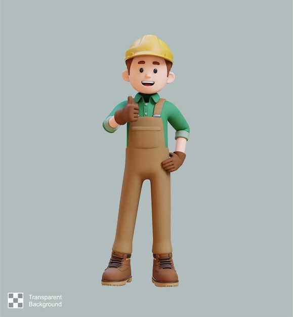 Personaje de trabajador de la construcción en 3D dando el pulgar hacia arriba