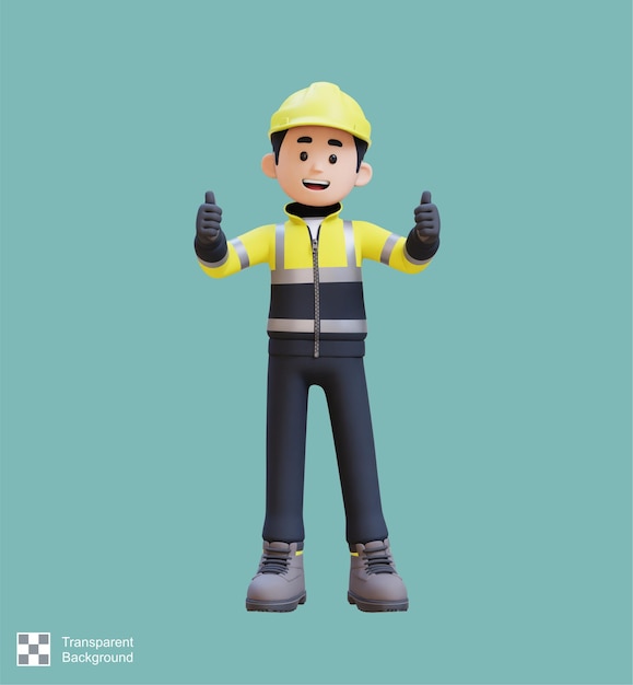Personaje de trabajador de la construcción en 3D dando el pulgar hacia arriba