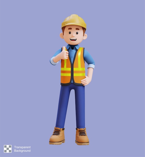 Personaje de trabajador de la construcción en 3D dando el pulgar hacia arriba