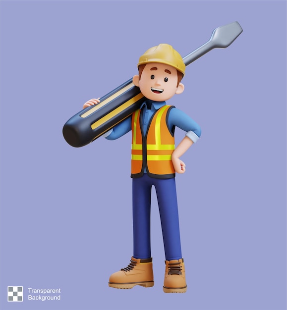 Personaje de trabajador de la construcción en 3D que lleva un destornillador grande en el hombro