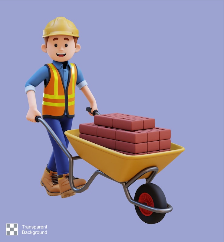 PSD personaje de trabajador de la construcción en 3d que lleva ladrillos con carretilla