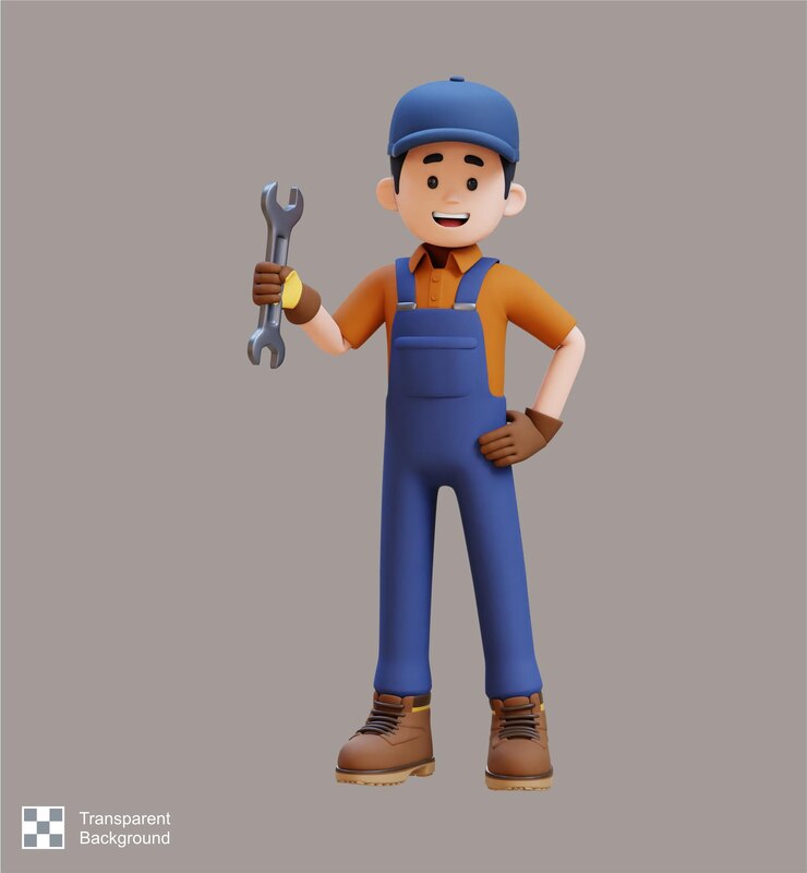 PSD personaje de trabajador de la construcción en 3d sosteniendo la llave en una postura de confianza