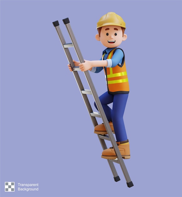 El personaje del trabajador de la construcción en 3D sube la escalera