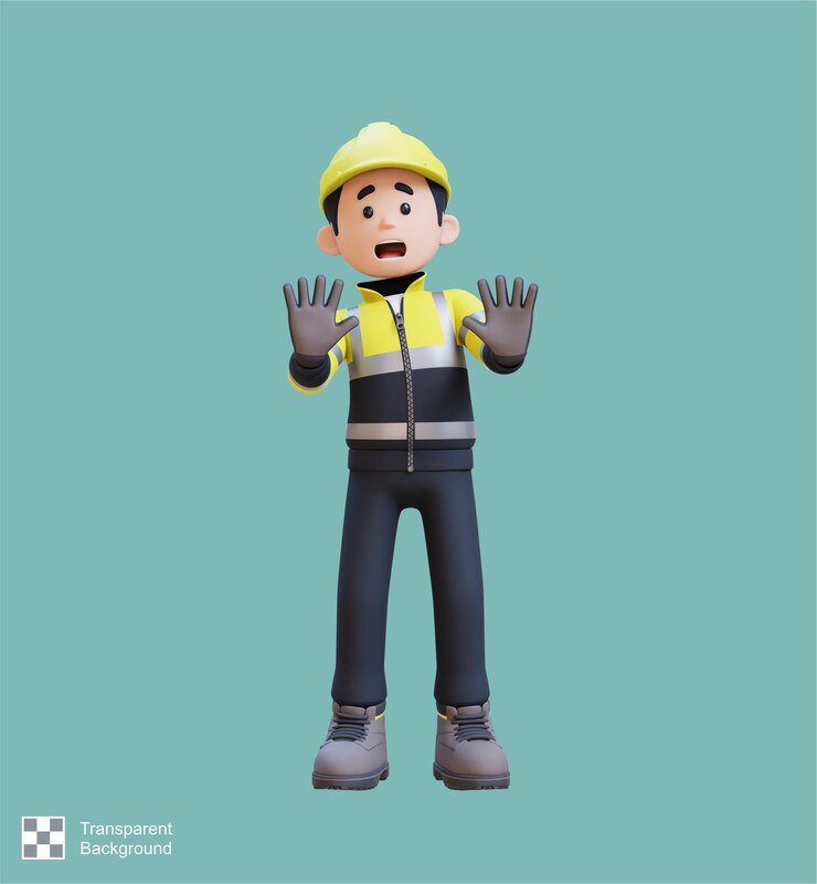 PSD el personaje del trabajador de la construcción en 3d tiene posturas de miedo y negación