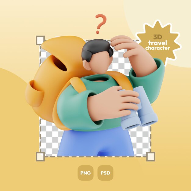 Personaje de viaje 3D buscando ubicación.