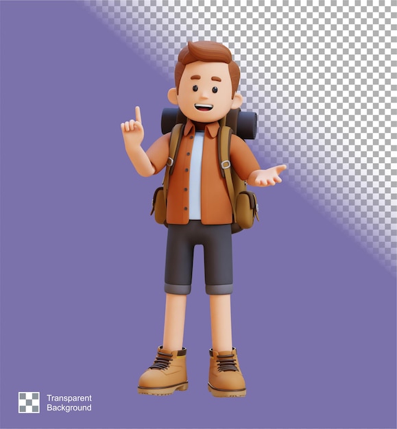 Personaje viajero en 3D explicando la pose