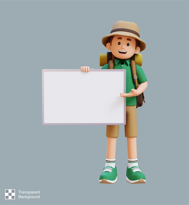 PSD personaje viajero 3d con una placa vacía