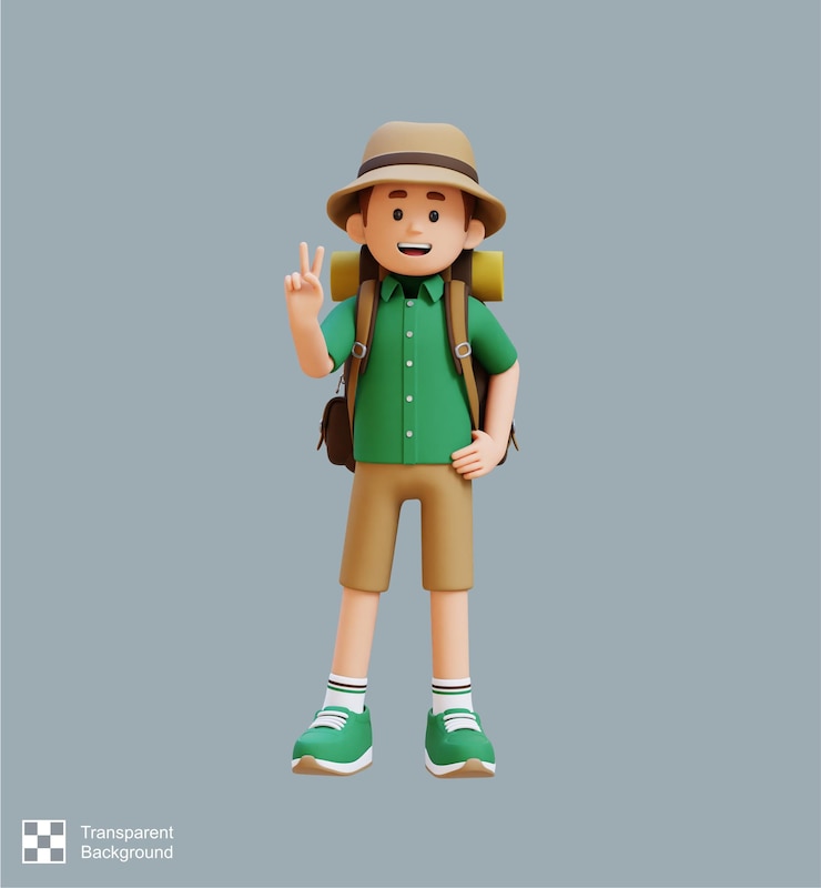 PSD personaje viajero en 3d que da la paz con la mano