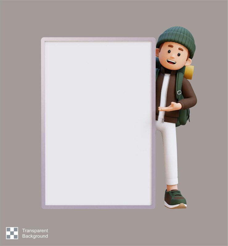 PSD personaje viajero en 3d que se presenta en una placa en blanco