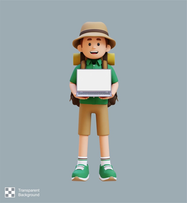 PSD personaje viajero 3d sosteniendo una computadora portátil con pantalla vacía