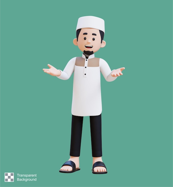 Personajes 3D de un hombre musulmán hablando y explicando la postura