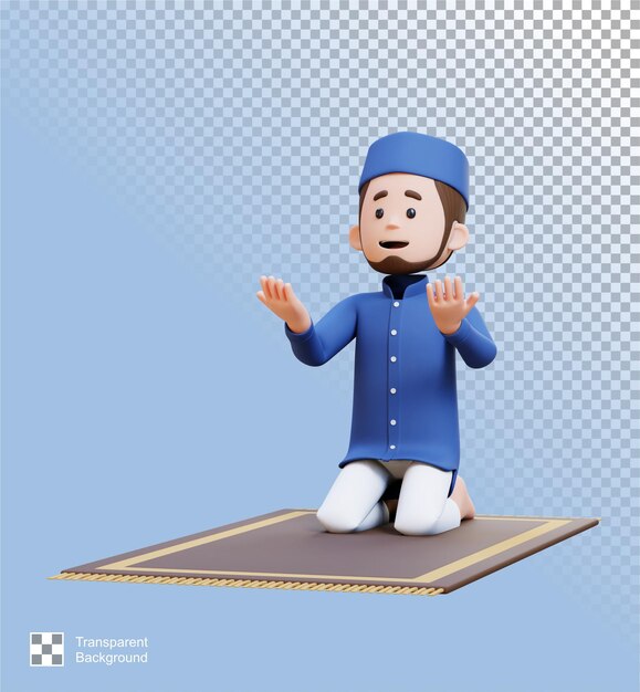 Personajes 3D de un hombre musulmán orando en el Kareem de Ramadán