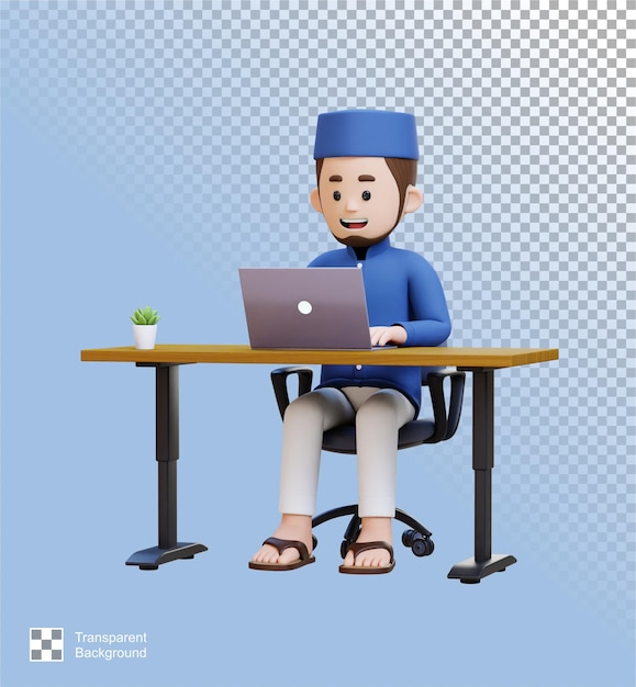 Personajes 3D de un hombre musulmán trabajando en una computadora portátil en un escritorio de trabajo
