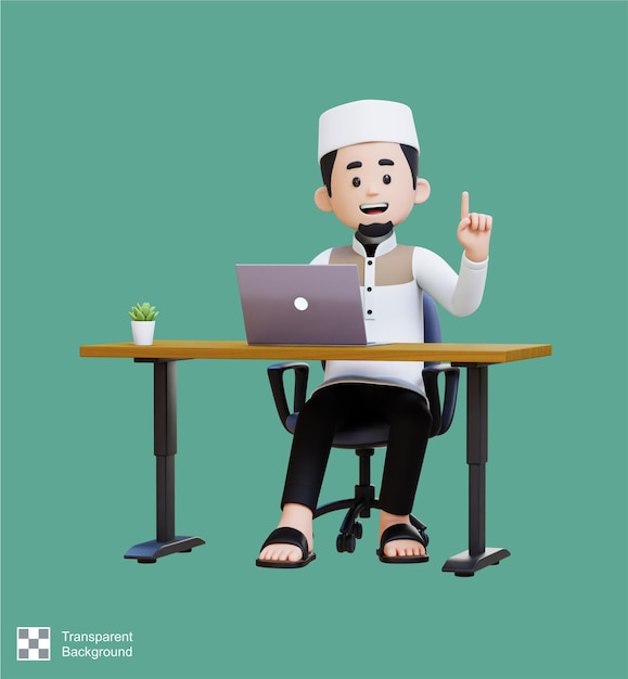 Personajes 3D de hombre musulmán tuvo la idea y trabajando en una computadora portátil en el escritorio de trabajo