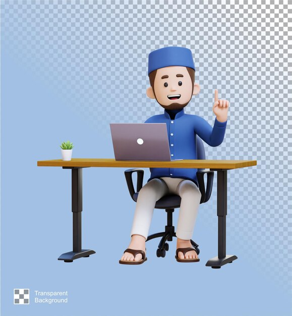 Personajes 3D de hombre musulmán tuvo la idea y trabajando en una computadora portátil en el escritorio de trabajo