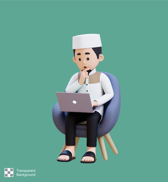 Los personajes en 3D de Muslim Man se sientan en el sofá confunden pensando y trabajando en una computadora portátil