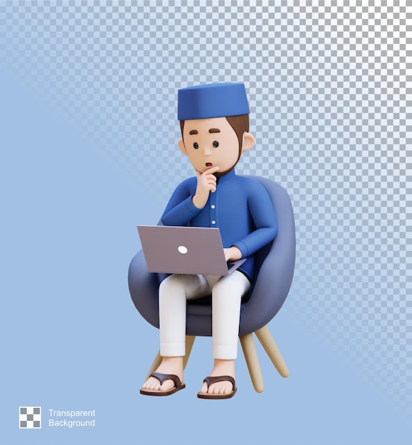 Los personajes en 3D de Muslim Man se sientan en el sofá confunden pensando y trabajando en una computadora portátil