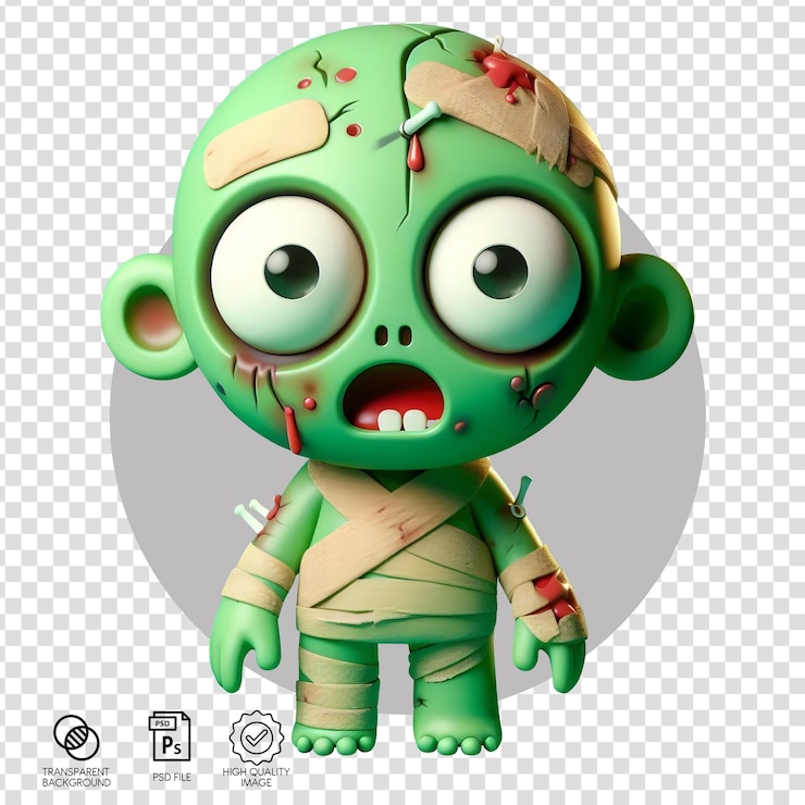 PSD personajes bonitos en 3d, zombis en shock, fondo transparente