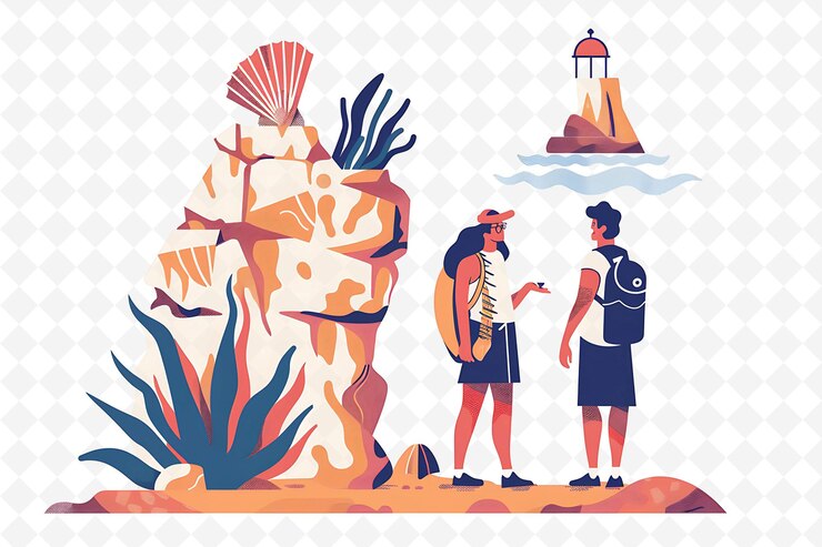 PSD personajes chipriotas visitando las afroditas el diseño de la roca es mi ilustración vista del paisaje cultural
