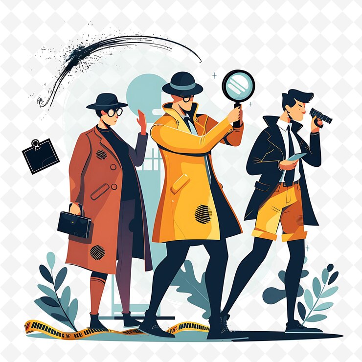 PSD los personajes de detectives que resuelven un misterio el diseño es noir y su flat festival de ilustración arte temático