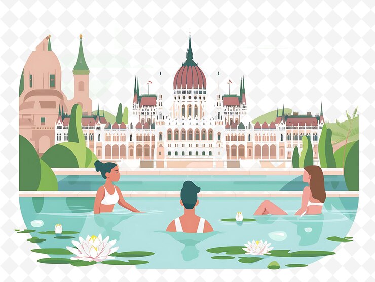 PSD personajes húngaros empapados en baños termales el diseño es rela ilustración vista del paisaje cultural