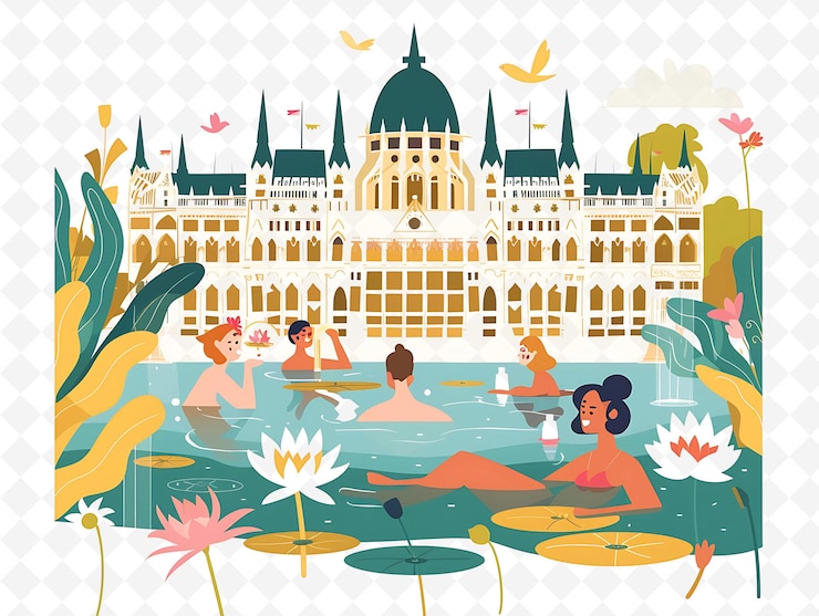 PSD personajes húngaros empapados en baños termales el diseño es rela ilustración vista del paisaje cultural