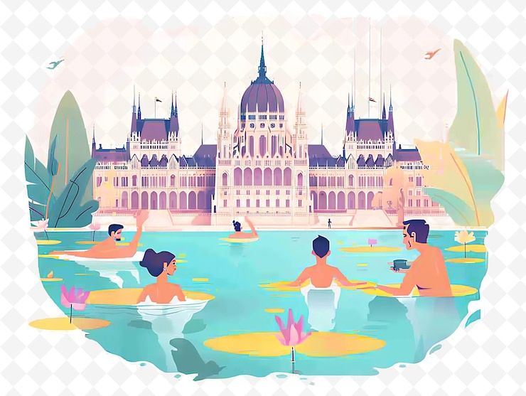 PSD personajes húngaros empapados en baños termales el diseño es rela ilustración vista del paisaje cultural