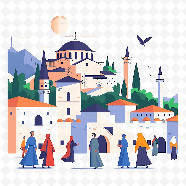 PSD personajes kosovares visitando la fortaleza de prizren diseño es h ilustración vista del paisaje cultural