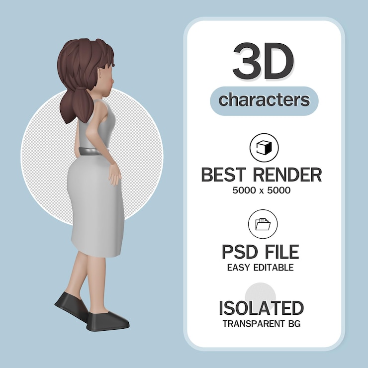 PSD personajes de negocios de mujer con vestido aislado en renderizado 3d de fondo blanco