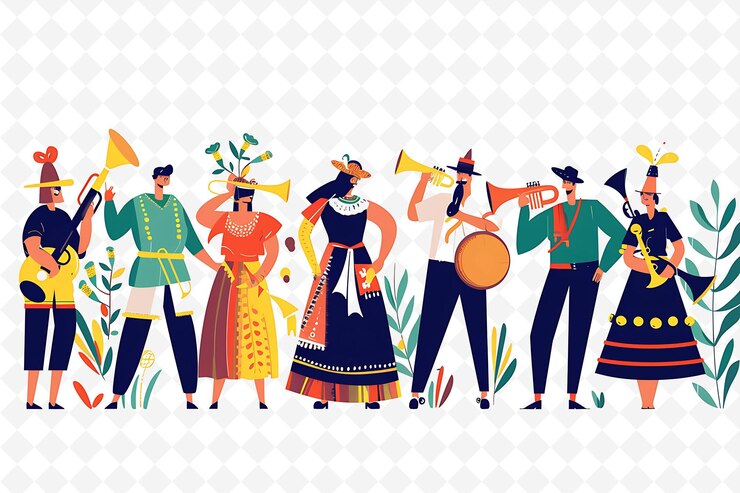 PSD personajes serbios que asisten al festival de la trompeta de gua diseño ilustración vista del paisaje cultural