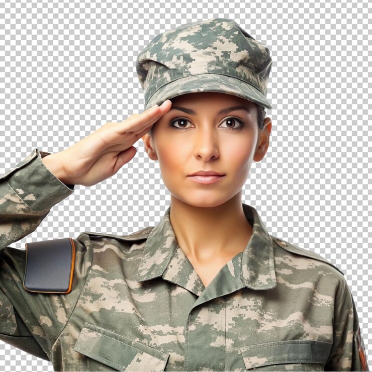PSD personal militar femenino saluda en un fondo transparente aislado
