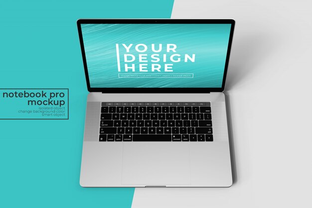 PSD personalizable realistic premium 15'4 inch laptop pro mockup para web, interfaz de usuario y plantilla de aplicaciones en la vista frontal superior