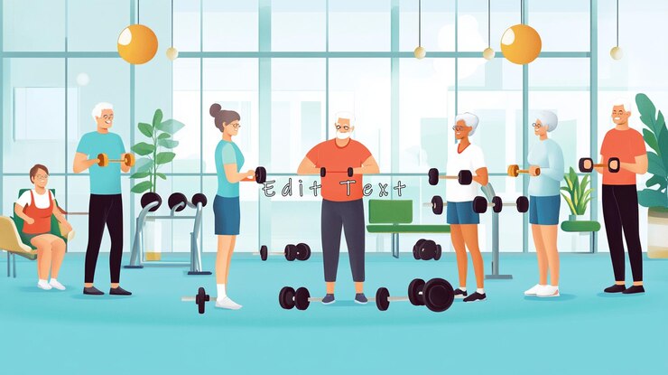 PSD personas mayores haciendo ejercicio con pesas en un gimnasio