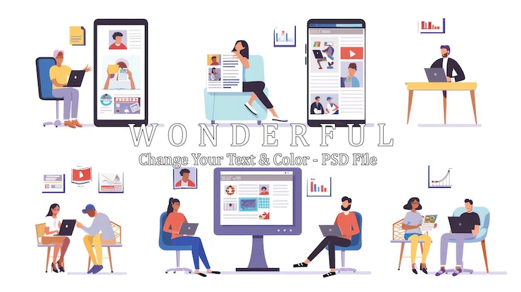 PSD personas que utilizan la tecnología para acceder a los medios digitales con pantallas de teléfonos y tabletas que muestran blogs y videos de noticias