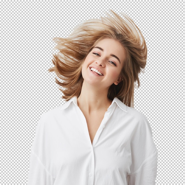 Persone bellezza e stile di vita concetto Scatto di bella ragazza bionda con ampio sorriso vestita di camicia bianca saltando e giocando con i suoi capelli gioiosa anf giocosa donna caucasica