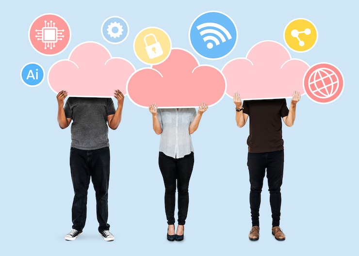 PSD persone con simboli di archiviazione cloud