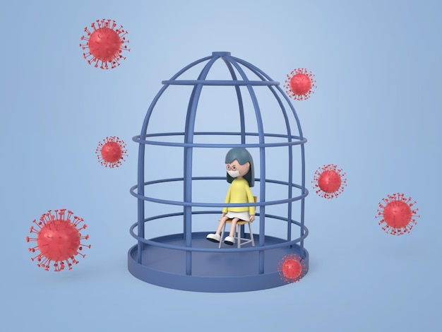 PSD personnage 3d en cage avec virus