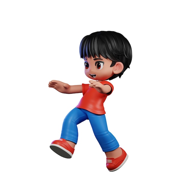 Personnage 3D avec une chemise rouge et un pantalon bleu faisant une pose de saut