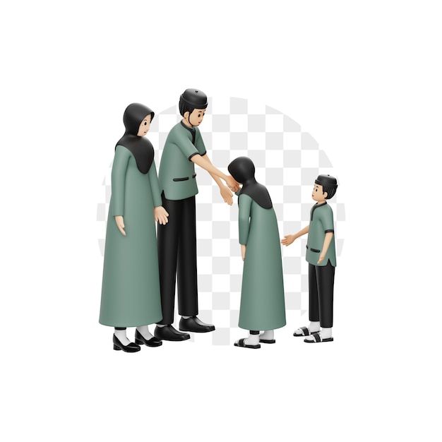 PSD personnage 3d famille musulmane se pardonne mutuellement