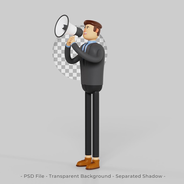 Personnage 3D de l'homme d'affaires tenant un mégaphone