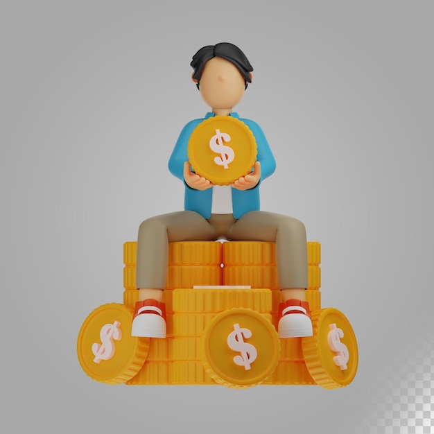 Personnage 3d Homme Assis Sur Une Pile De Pièces D'or