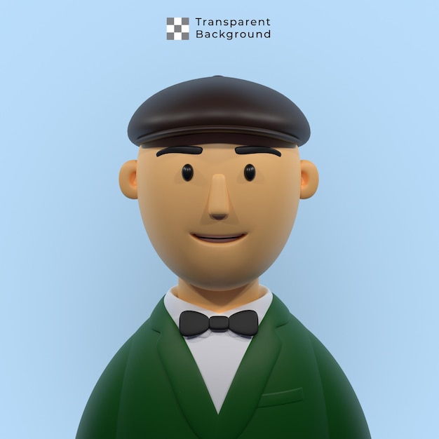 PSD personnage 3d d'un homme élégant avec costume noeud papillon et casquette plate